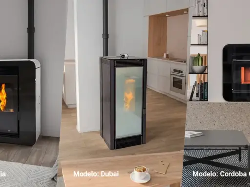 Estufas de pellets con conductos de aire: modelos Bolonia, Dubai y Córdoba Glass Canalizable, mostrando llamas vivas y diseños modernos.