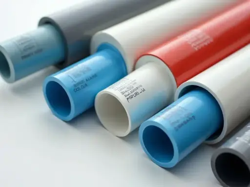 Plusieurs tuyaux en plastique de différentes couleurs (bleu, blanc, rouge, gris) sont alignés, certains emboîtés.