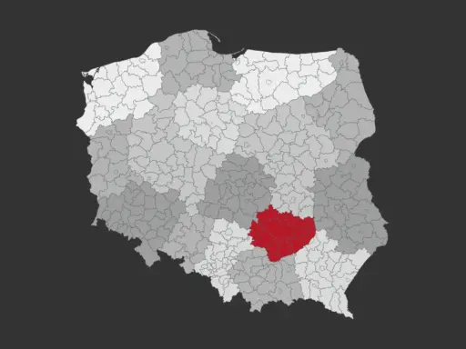 Mapa Polski z zaznaczonym na czerwono obszarem, gdzie są Góry Świętokrzyskie.