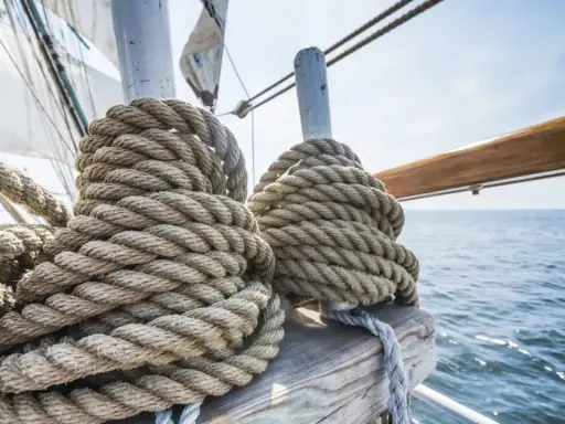 Gros cordages enroulés sur un voilier, prêts pour le moteur fonctionnement. La mer bleue et le ciel clair en arrière-plan.