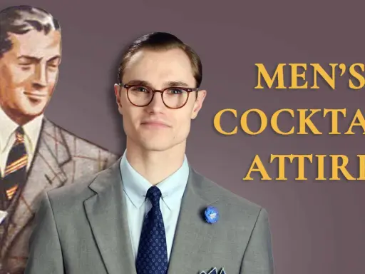 Men's cocktail attire often includes a tie, as shown by the vintage illustration and modern man.