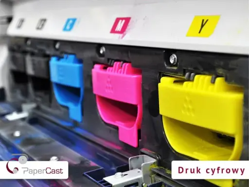 Kolorowe wkłady drukujące (cyjan, magenta, żółty) w drukarce, symbolizujące nowoczesne technologie druku.