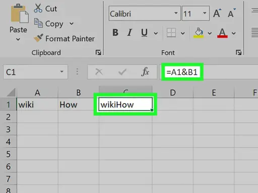 Wpisz formułę =A1&B1 w komórce C1, aby połączyć tekst z A1 i B1. To pierwszy krok, jak wyłączyć ochronę arkusza w Excelu.