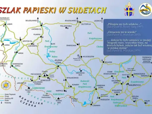 Mapa szlaków papieskich w Sudetach, prowadząca m.in. do Chojnika.