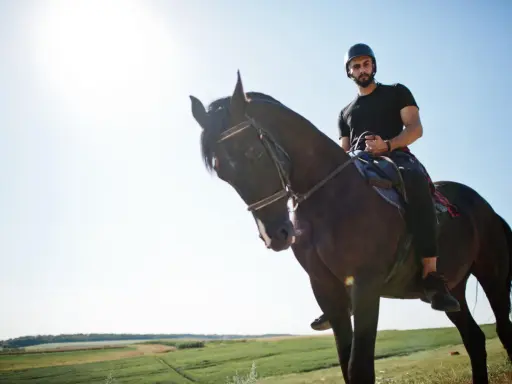 Uomo con barba e casco cavalca un cavallo scuro in un paesaggio verdeggiante, un'esperienza di **Toscana a cavallo**.