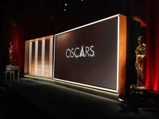 Escenario de los Oscars con estatuillas doradas y el logo. ¡Ya falta poco para cuando son los Oscars 2026!