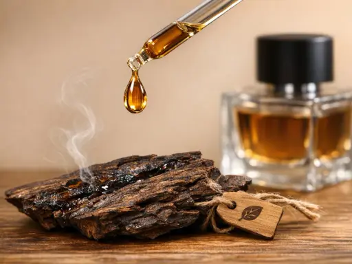 Goutte d'huile dorée tombant d'une pipette sur un morceau de bois fumant, évoquant l'origine oud pour un parfum luxueux.