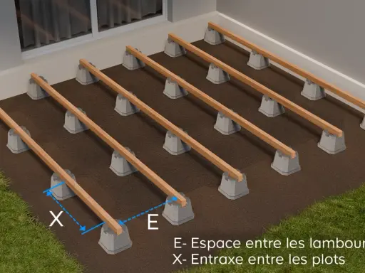 Schéma de montage d'une terrasse en bois : plots béton supportant des lambourdes en bois. Indication de l'entraxe (X) et de l'espacement (E).