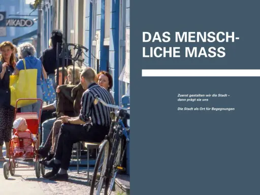 Menschen auf einer Straße, ein Baby im Kinderwagen, Fahrräder. Die Stadt als Ort für Begegnungen, wie von gehl architects gestaltet.