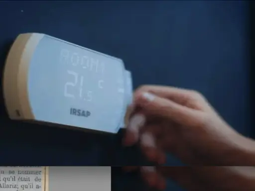 Termostato IRSAP muestra 21.5°C. Entender la diferencia entre termostato y cronotermostato es clave para tu confort.
