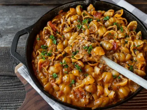 Herzhaftes Nudelgericht mit Hackfleisch in cremiger Sauce, ein Beispiel für schnelle Fleischgerichte, garniert mit Petersilie.