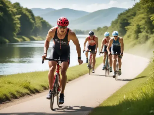 Tävlande i triathlon Sverige cyklar längs en naturskön väg vid en sjö.