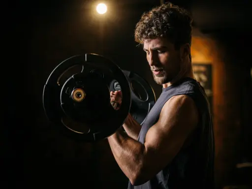 Mann mit lockigem Haar hebt Hantel im Fitnessstudio. Fokus auf Muskelaufbau und **bulking deutsch**.