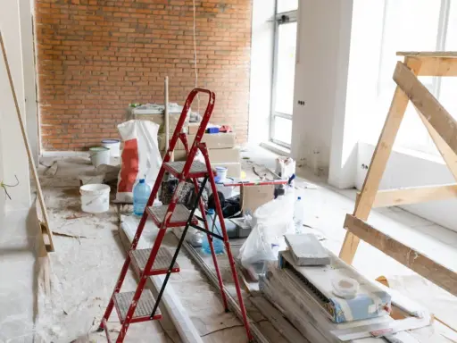 Remont w toku. Czym usunąć pył gipsowy? Na podłodze folia, drabina, wiadra, worki z materiałami budowlanymi i drewniane rusztowanie.