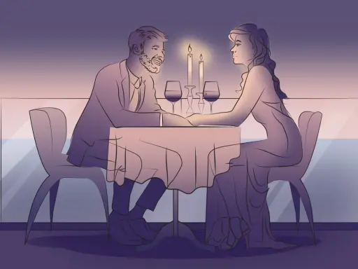 Romantyczna kolacja przy świecach. Para trzyma się za ręce, celebrując rocznicę ślubu na wesoło.
