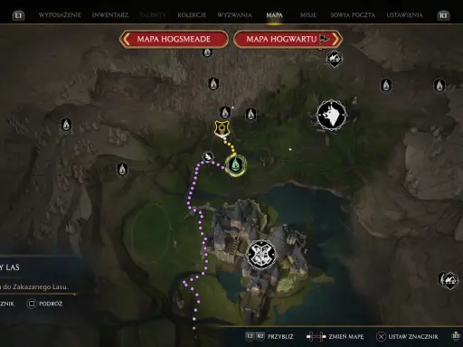 Mapa Hogwarts Legacy. Ścieżka prowadzi przez Zakazany Las, gdzie czeka duch naszej miłości.
