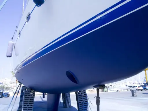 Der blaue **segelboot rumpf** mit weißen Streifen ruht auf Stützen im Hafen.