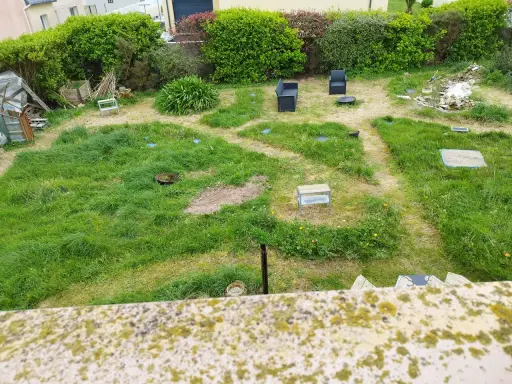 Un jardin envahi par l'herbe haute, prêt à être entretenu. Il faudra bientôt tondre la pelouse pour redonner une belle apparence à cet espace extérieur.