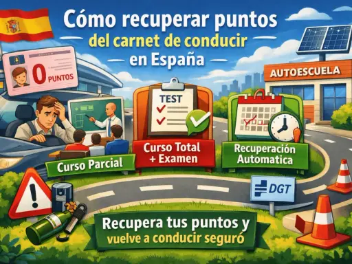 Ilustración de un **centro de recuperación de puntos** para el carnet de conducir en España. Muestra un conductor preocupado, clases, exámenes y la opción de recuperación automática.