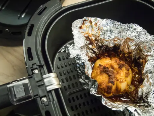 Ein gebackener Knoblauch in Alufolie in einem Airfryer. Ist Airfryer gesund? Ja, mit wenig Öl.