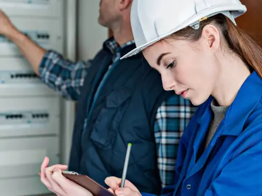 Technicy wykonują pomiary elektryczne do odbioru domu, sprawdzając instalację.