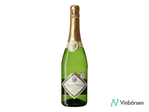 En flaska Pierre Olivier Blanc de Blancs Prestige Brut ekologisk champagne med guldetikett.