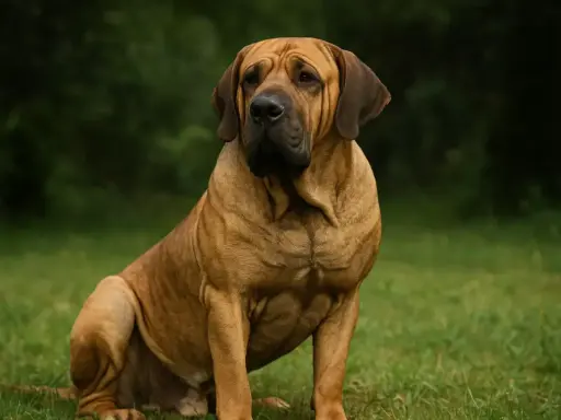 Un majestueux Fila Brasileiro, au pelage fauve, assis dans l'herbe verte, avec un regard attentif.