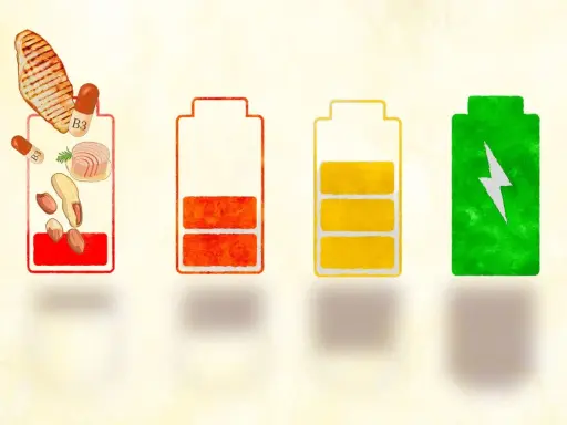 Batteries symbolisant l'énergie : une rouge avec des aliments et vitamine B3, une orange à moitié vide, une jaune presque pleine, et une verte pleine d'énergie.