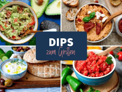 Vier bunte Dips zum Grillen: Guacamole, Tomaten-Dip, Joghurt-Dip und ein cremiger Dip mit getrockneten Tomaten. Perfekt für die nächste Grillparty!