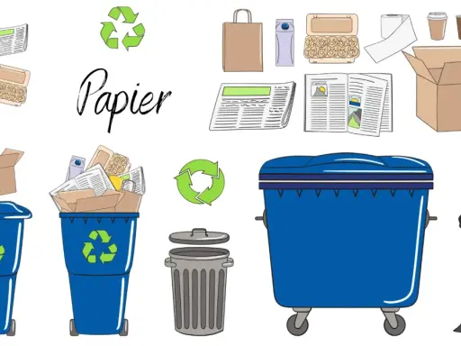 Ilustracja pokazuje, co się dzieje ze śmieciami: papierowe odpady trafiają do niebieskich pojemników na śmieci i worków, gotowe do recyklingu.
