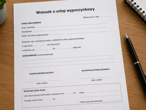 Wniosek o urlop wypoczynkowy. Dokument zawiera pola do wypełnienia przez pracownika, przełożonego i dział kadr, dotyczące planowanego urlopu.