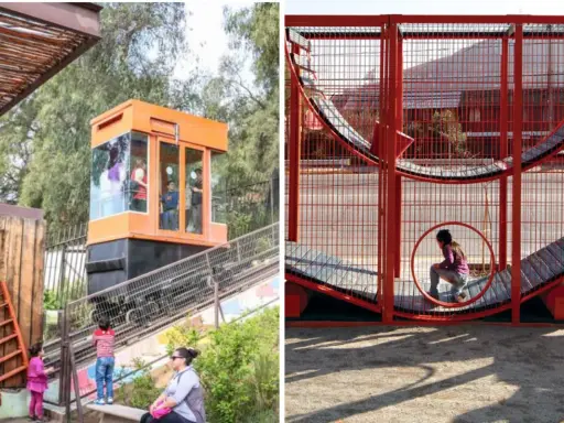 Un ascensor naranja transporta gente en Santiago, mientras una niña juega en una estructura roja.