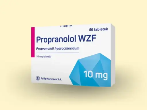 Opakowanie leku Propranolol WZF 10 mg tabletki. Stosowany na nadciśnienie, arytmię, drżenie.