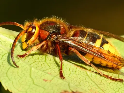 Nahaufnahme einer Hornisse auf einem Blatt. Tipps, um Hornissen zu vertreiben, sind wichtig, wenn diese Insekten stören.