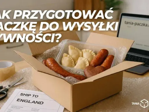 Jak przygotować paczkę z polskimi przysmakami do wysyłki? W pudełku pierogi, kiełbaski i piernik. Obok taśma, nożyczki i etykieta "Ship to England".