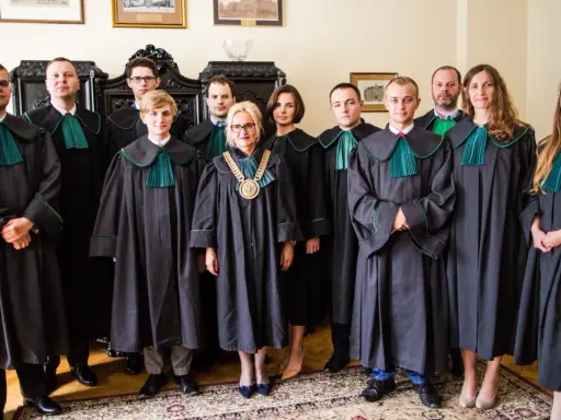Grupa prawników w togach stoi w pomieszczeniu.