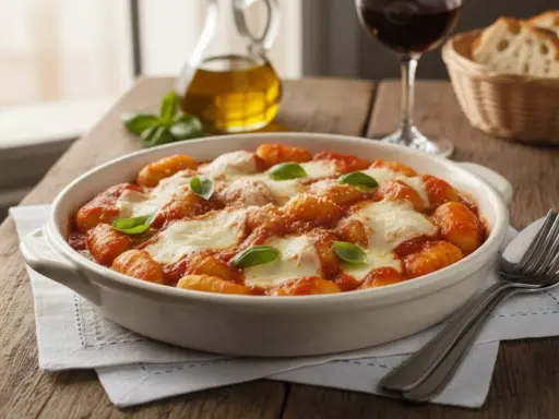 Gnocchi alla sorrentina fumanti, con pomodoro, mozzarella filante e basilico fresco, pronti per essere gustati.