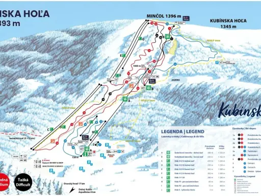 Mapa strediska Kubínska hoľa s vyznačenými zjazdovkami, lanovkami a vleklami.