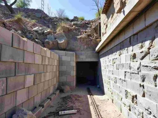 Bauarbeiten an einem Tunnel, der nach DIN 18532 errichtet wird. Mauern aus Betonsteinen und ein Eingang in den dunklen Tunnel.