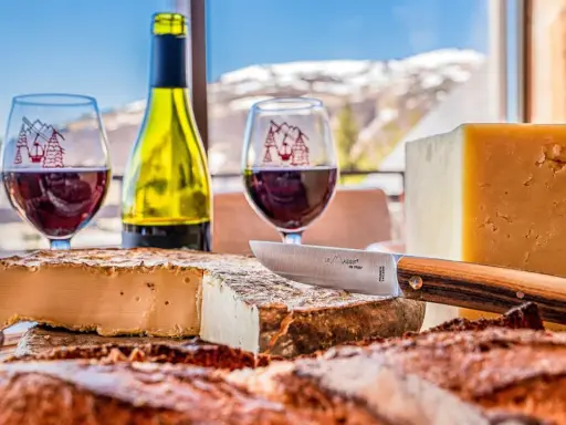Dégustation de fromages et vin rouge, un aperçu de la gastronomie auvergnate avec vue sur les montagnes enneigées.