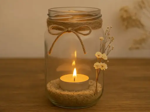 Ein Glas mit Sand, Teelicht und getrockneten Blumen. Mit Juteband und Schleife verziert – so einfach lassen sich schöne Teelichthalter basteln.