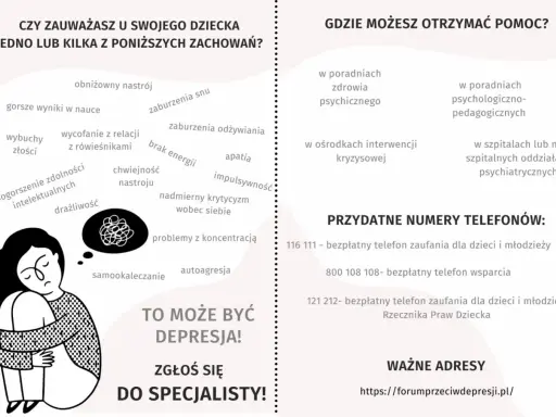 Jak pomóc dziecku w depresji? Grafika pokazuje objawy, miejsca pomocy i telefony zaufania. Zgłoś się do specjalisty!