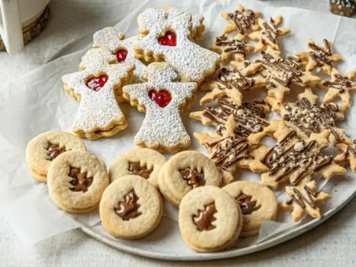 Weihnachtsplätzchen: Engel mit Marmeladenfüllung, Sterne mit Schokoglasur und runde Kekse mit Nuss-Nougat-Creme. Ein Genuss zum Naschen, fast zu schön zum Zerbrechen.