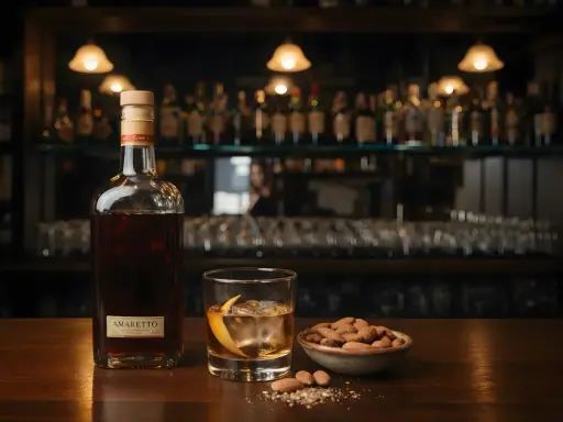 Butelka amaretto, szklanka z lodem i skórką pomarańczy, miseczka migdałów. Idealny zestaw, by dowiedzieć się, amaretto co to.