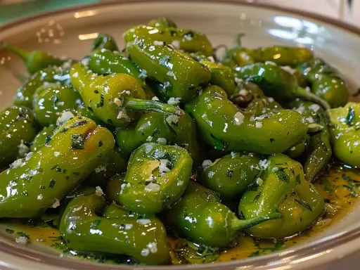 Pimientos verdes tiernos, recién salteados en aceite de oliva con ajo y perejil. Un delicioso aperitivo para freír pimientos verdes.