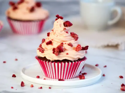 Ein köstlicher Red Velvet Muffin mit rosa Frosting und gefriergetrockneten Himbeeren, perfekt für ein Red Velvet Muffins Rezept.