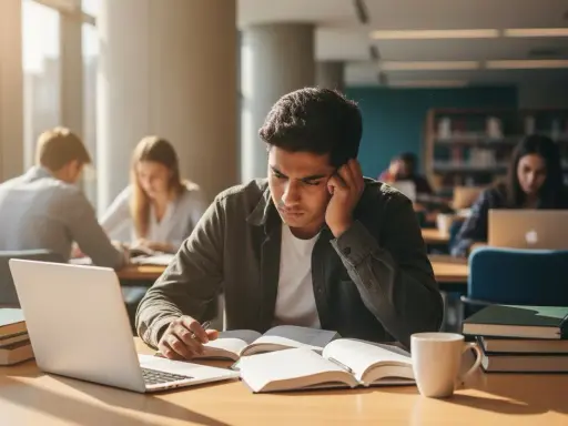Zrezygnowany student pochyla się nad książkami, przygotowując się do nieudanego egzaminu poprawkowego na studiach.