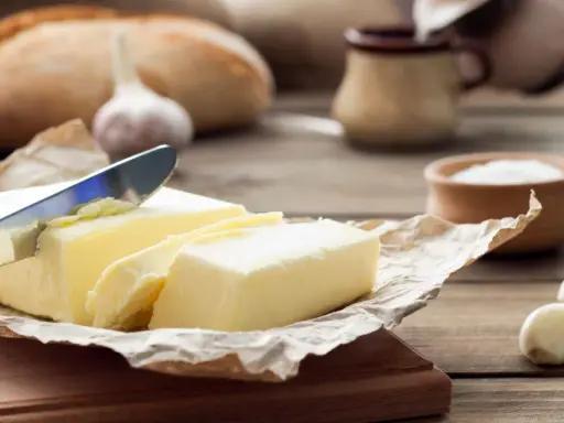 Ein Messer schneidet ein Stück von einem Block welcher Butter. Daneben liegen Knoblauch und ein Brot.