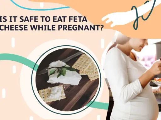 Gravid kvinna äter sallad. Bilden visar fetaost och kex, och frågar om det är säkert att äta fetaost när man är gravid.