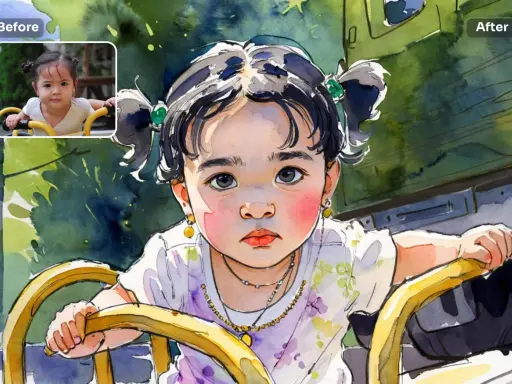 Niña con coletas y pendientes amarillos, transformada de foto a acuarela, sentada en un volante amarillo.